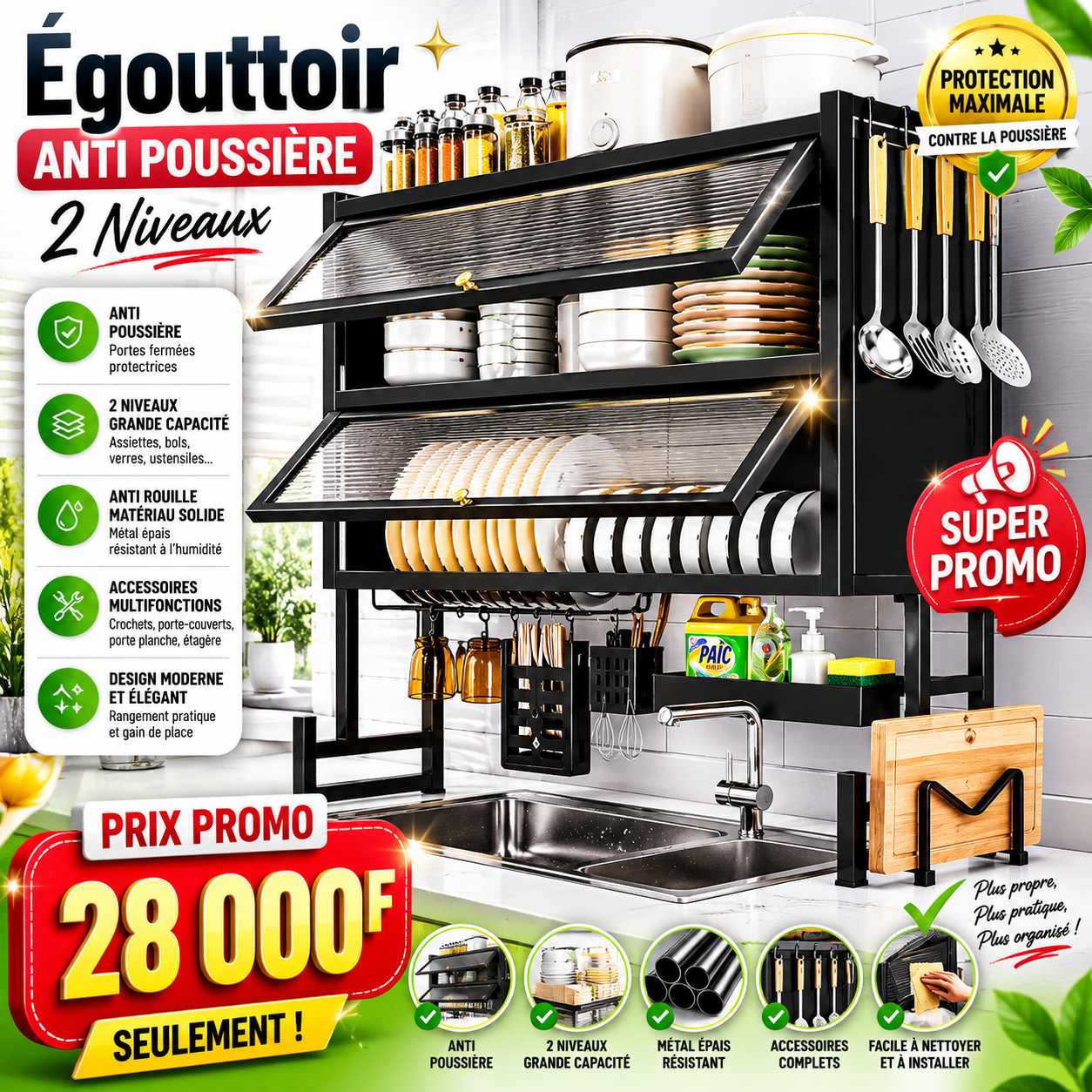 Égouttoir à assiettes 100 cm – Anti-poussière &nbsp;