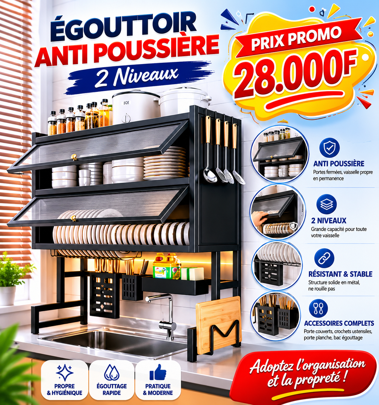 Égouttoir à assiettes 100 cm – Anti-poussière &nbsp;